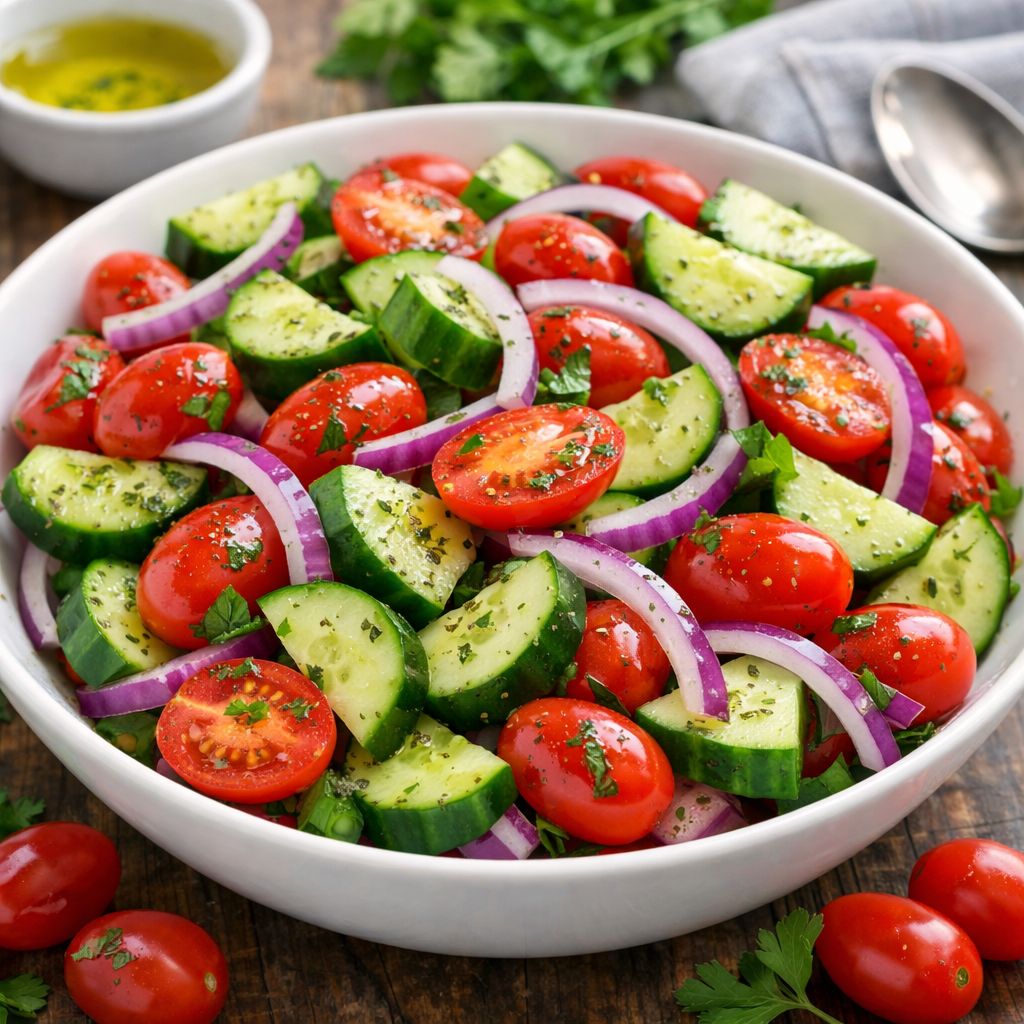 Cucumber Tomato Salad with Red Onion and Parsley on Top in White Bowl
