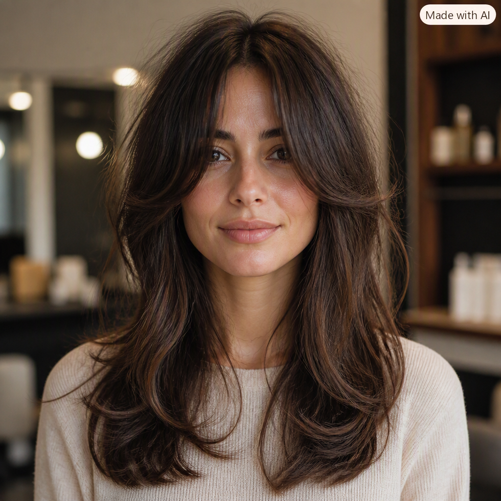 Woman with dark hair and face framing layers