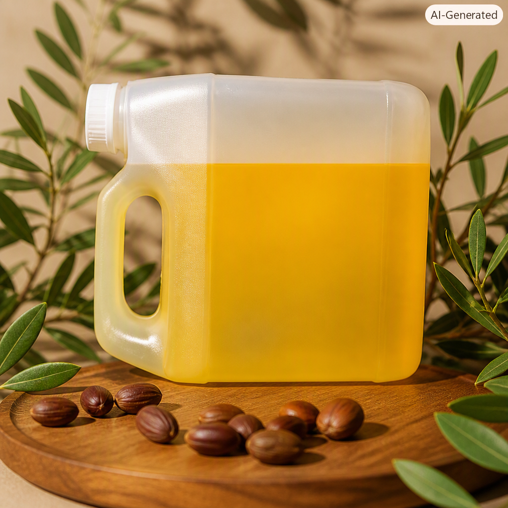 Clear bottle of jojoba oil on its side on a platform with jojoba seed pods