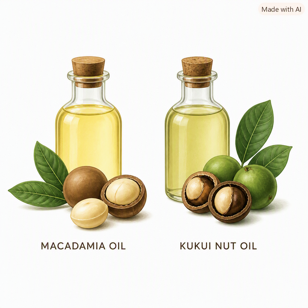 Depiction of Macadamia and Kukui Nut Oil and the Nuts they are pressed from, Side by Side