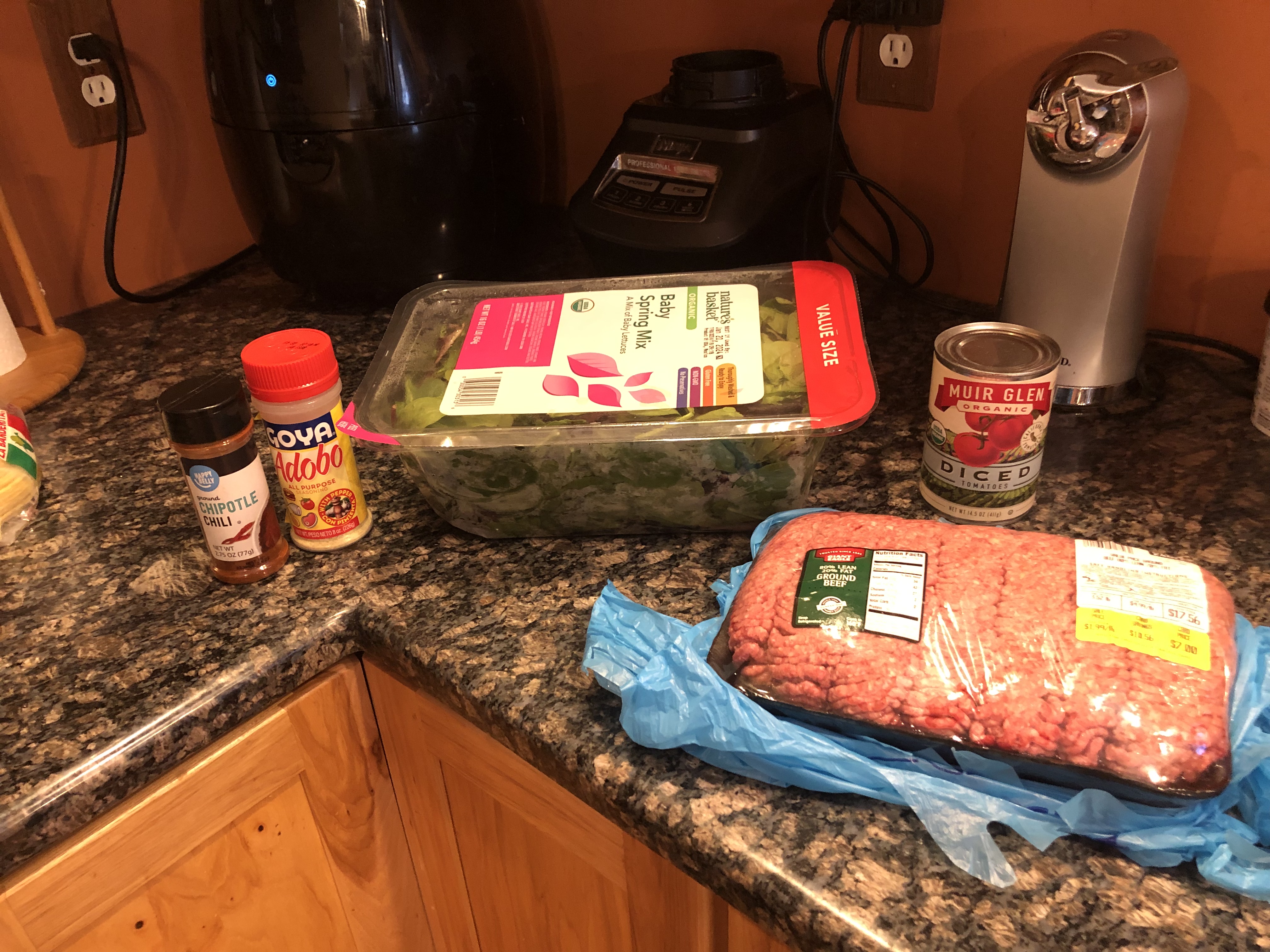 High Protein Low Carb Items Ground Beef, Salad, Diced Organic Tomatoes, Chipotle and Adobo Seasoning