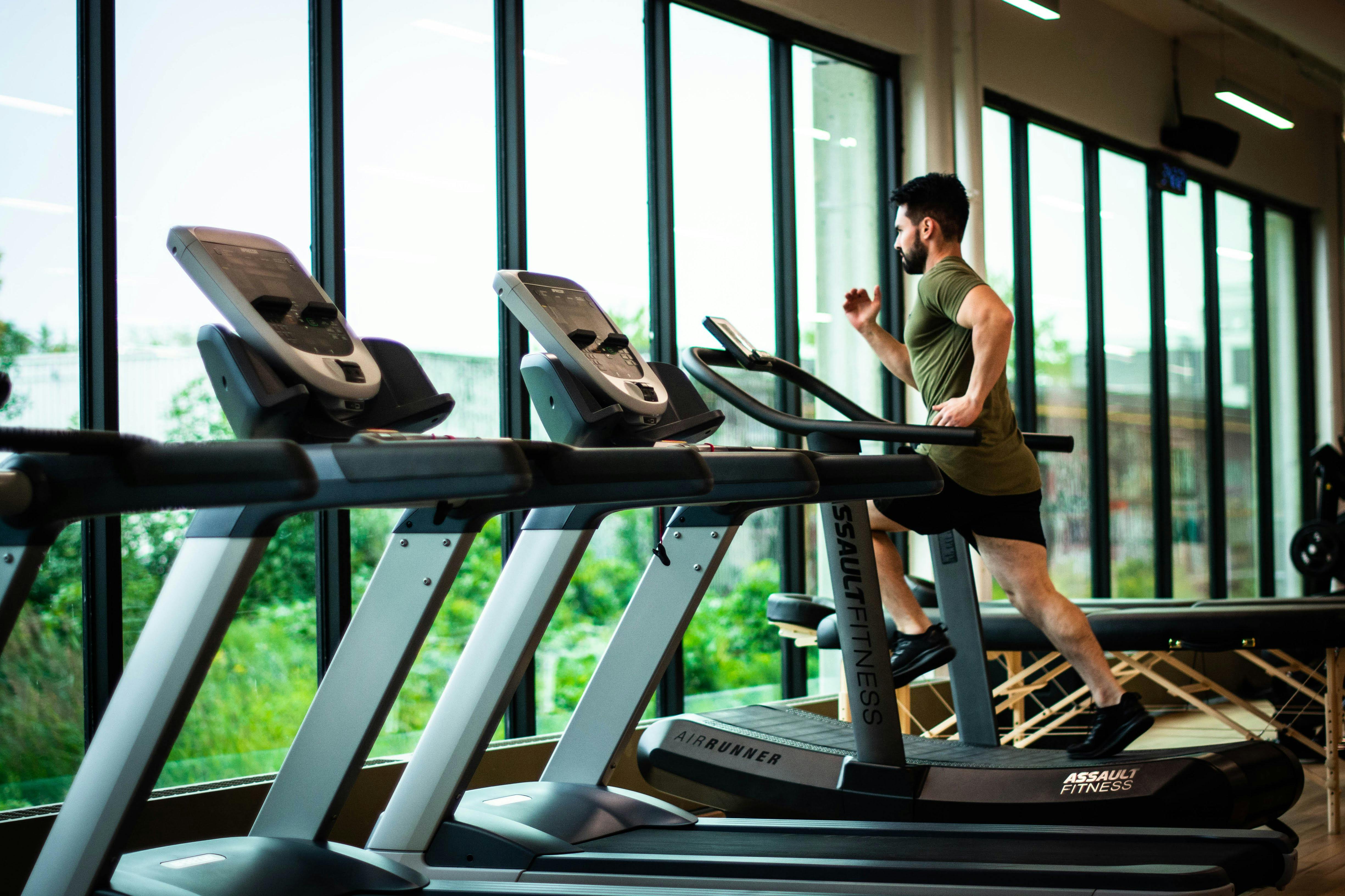 Treadmills and Ellipticals Lined Up Against Window in Gym